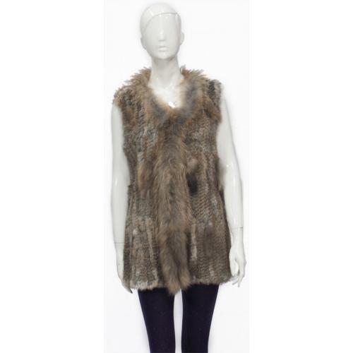 Winter Fur Ladies Brown Genuine Knitted Rabbit 3/4 Vest With Fox Trimming W05Q03BR